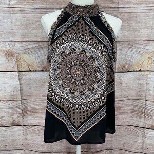 1. State Black and Cream Medallion  Patterned Halter Blouse Size M